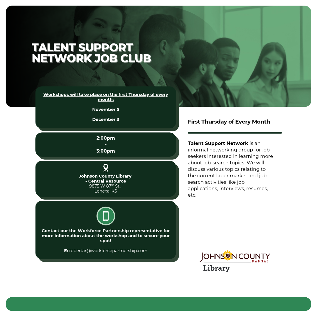 Talent Support Network Job Club event at the Johnson County Library - Central Resource location.