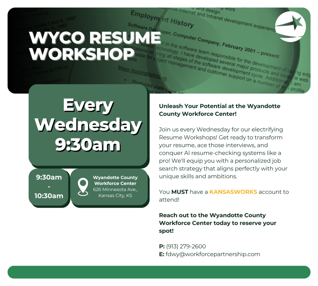Resume workshops held every Wednesday at the Wyandotte County Workforce Center.