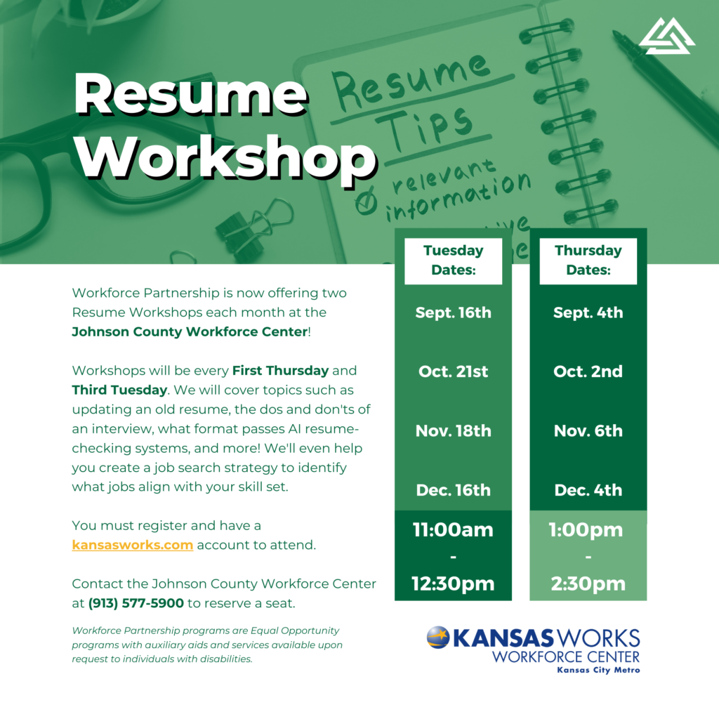 Resume Workshop at the Johnson County Workforce Center in September!