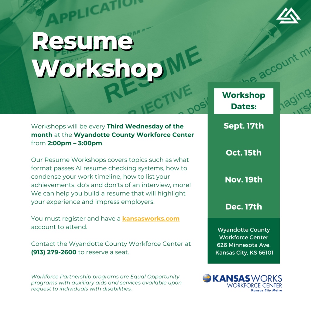 Resume Workshop at the Wyandotte County Workforce Center in September!