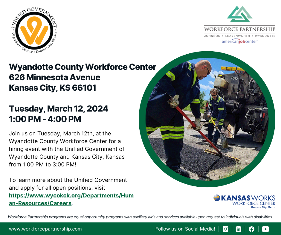 Join us at the Unified Government of Wyandotte County hiring event on Tuesday, March 12th!