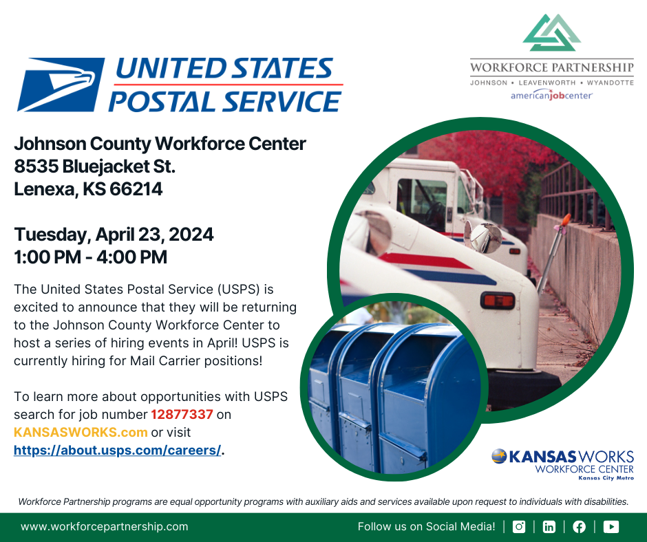 USPS hiring event at the Johnson County Workforce Center on April 23rd!