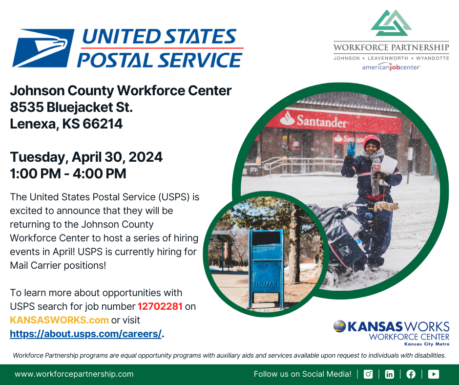 United States Postal Service hiring event at Johnson County Workforce Center on Tuesday, April 30th!