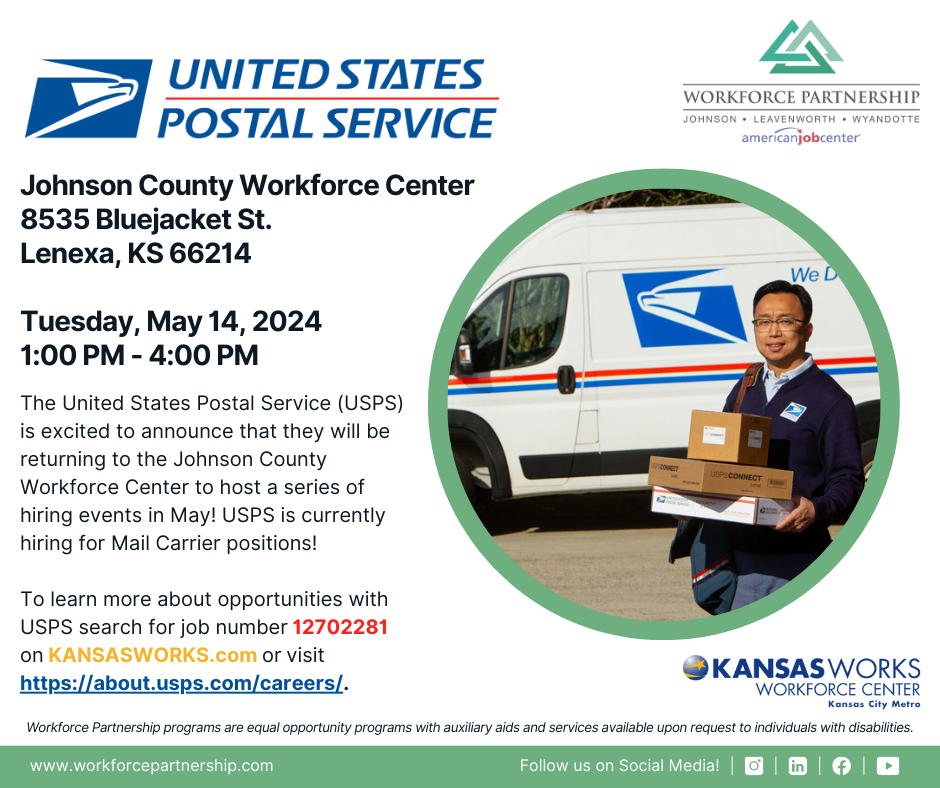 United States Postal Service hiring event at the Johnson County Workforce Center on Tuesday, May 14th!