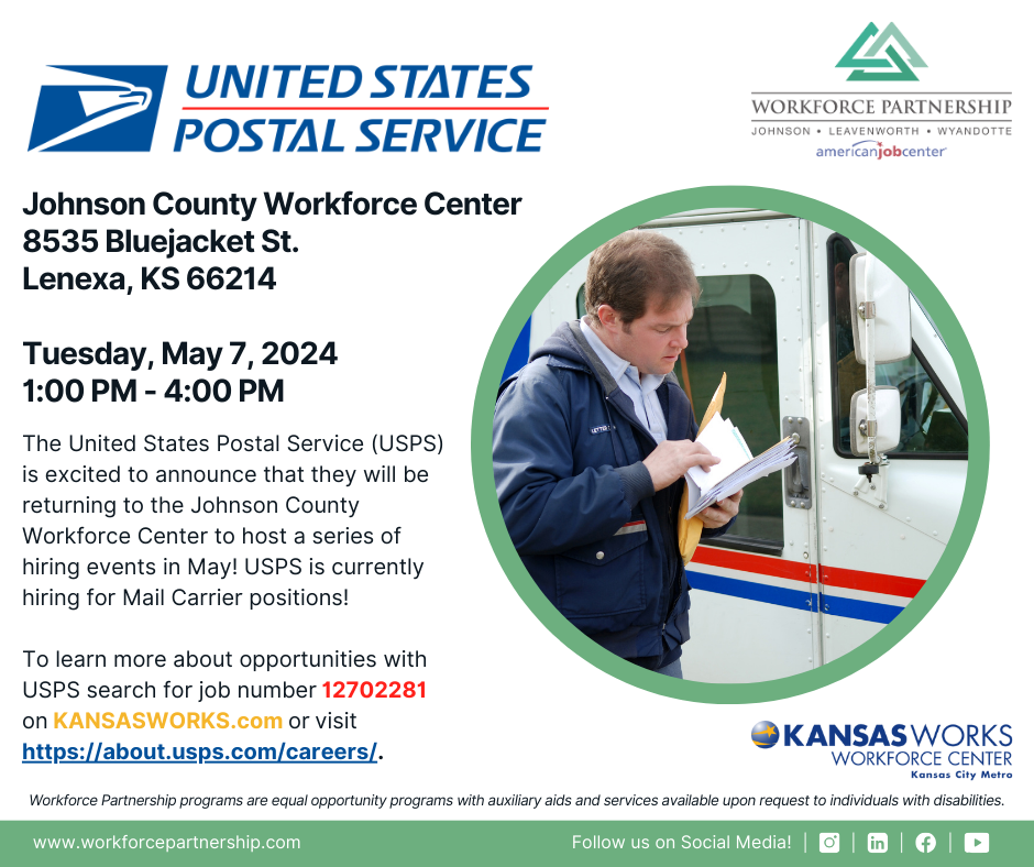 USPS hiring event at Johnson County Workforce Center on Tuesday, May 7th!