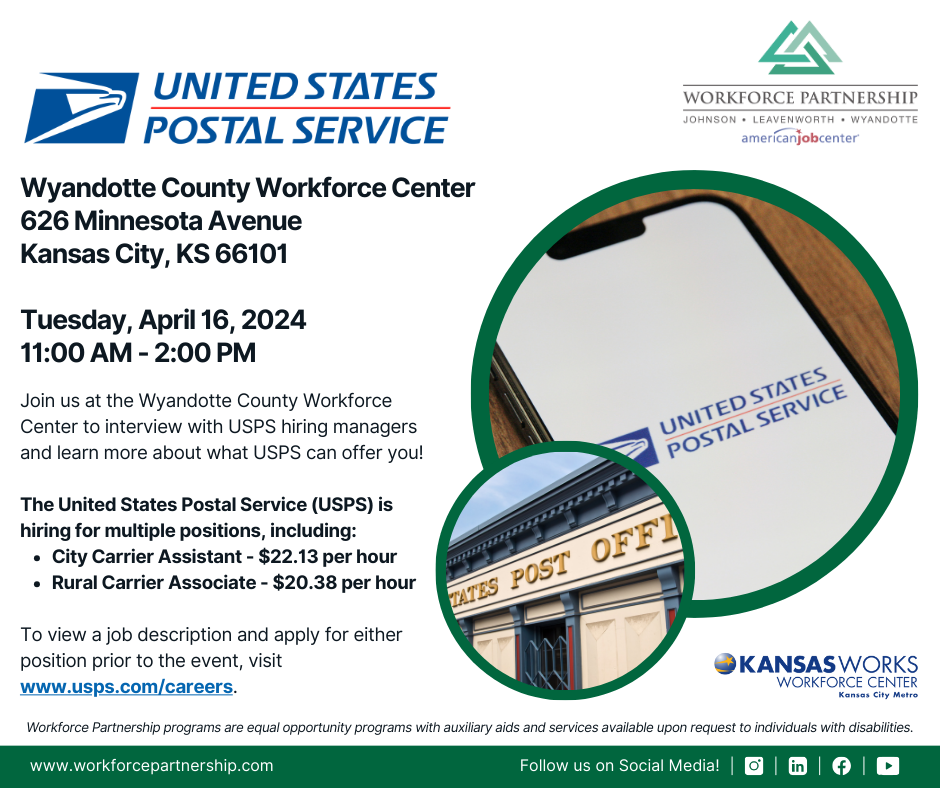 The United States Postal Service (USPS) hiring event on Tuesday, April 16th!