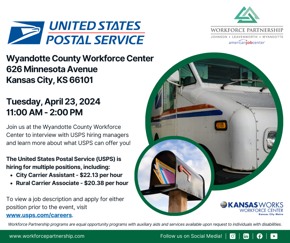 USPS hiring event at Wyandotte County Workforce Center on April 23rd!