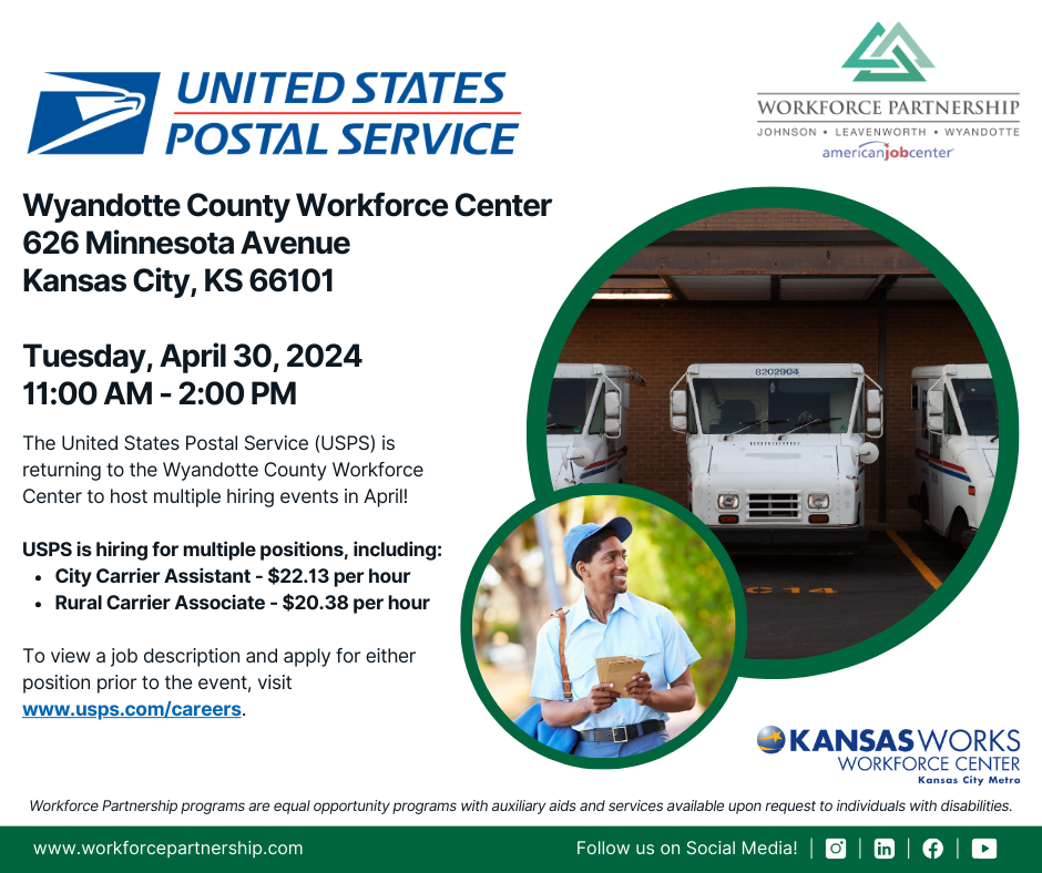 The United States Postal Service hiring event on Tuesday, April 30th!