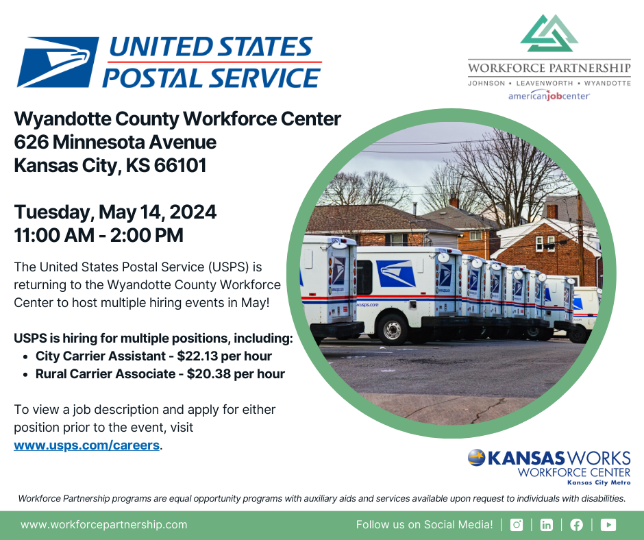 United States Postal Service hiring event at the Wyandotte County Workforce Center on Tuesday, May 14th!