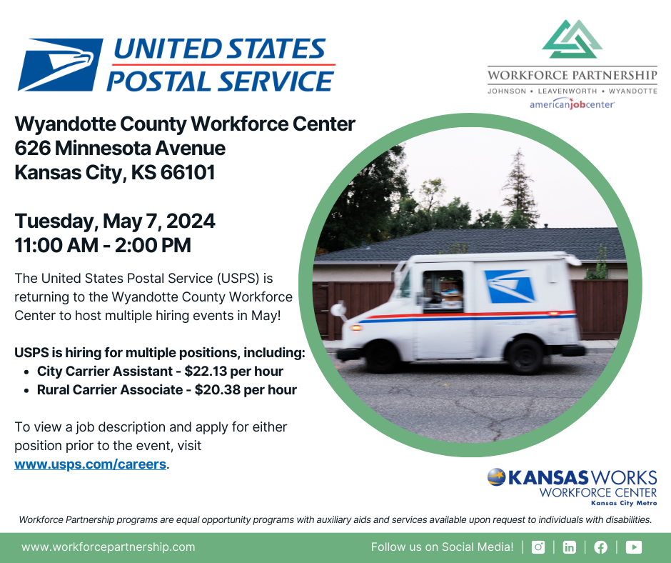 USPS hiring event at Wyandotte County on Tuesday, May 7th!