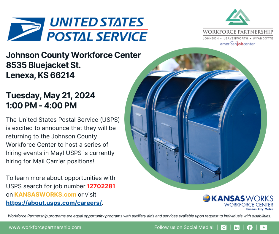 USPS hiring event at Johnson County Workforce Center on Tuesday, May 21st!