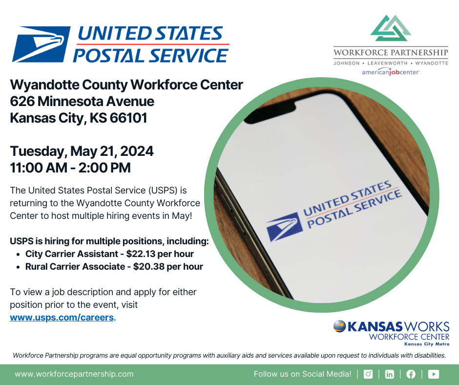 United States Postal Service hiring event at Wyandotte County Workforce Center on Tuesday, May 21st!
