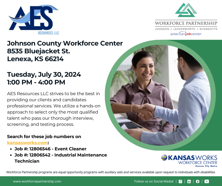 AES Resources hiring event at the Johnson County Workforce Center on Tuesday, July 30th!
