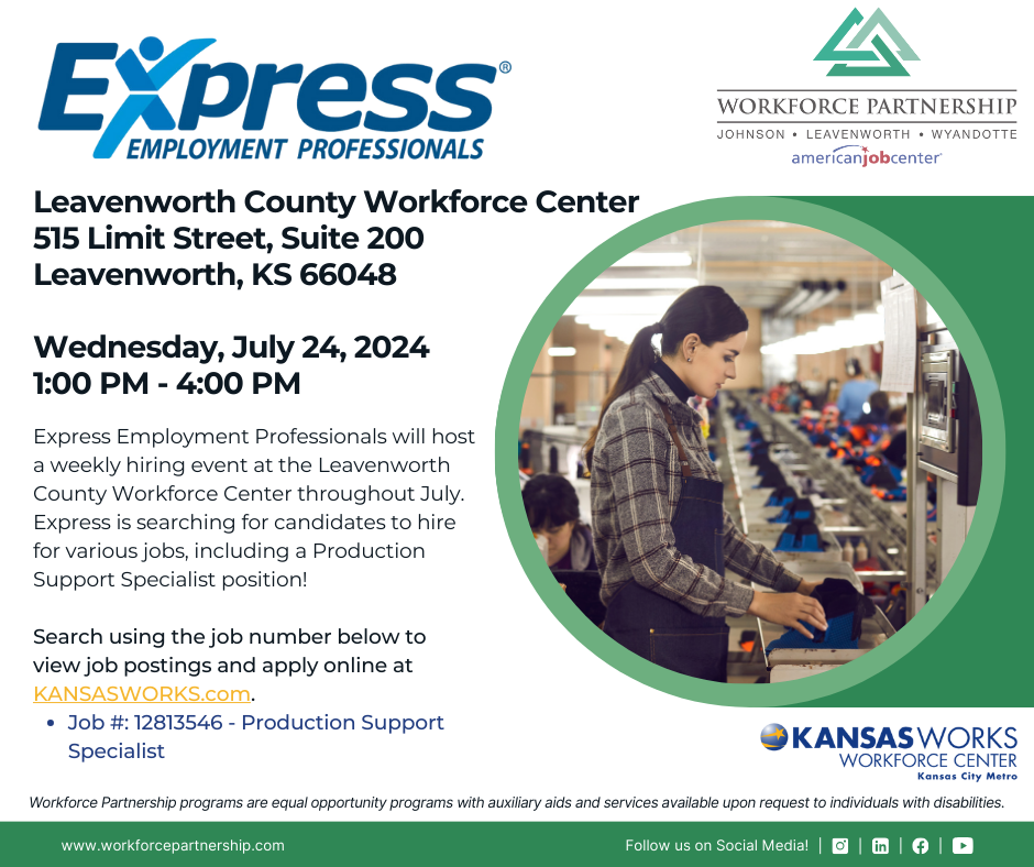 Join us for Express Employment Professionals hiring event on Wednesday, July 24th! Visit Expresspros.com to apply prior to the event!