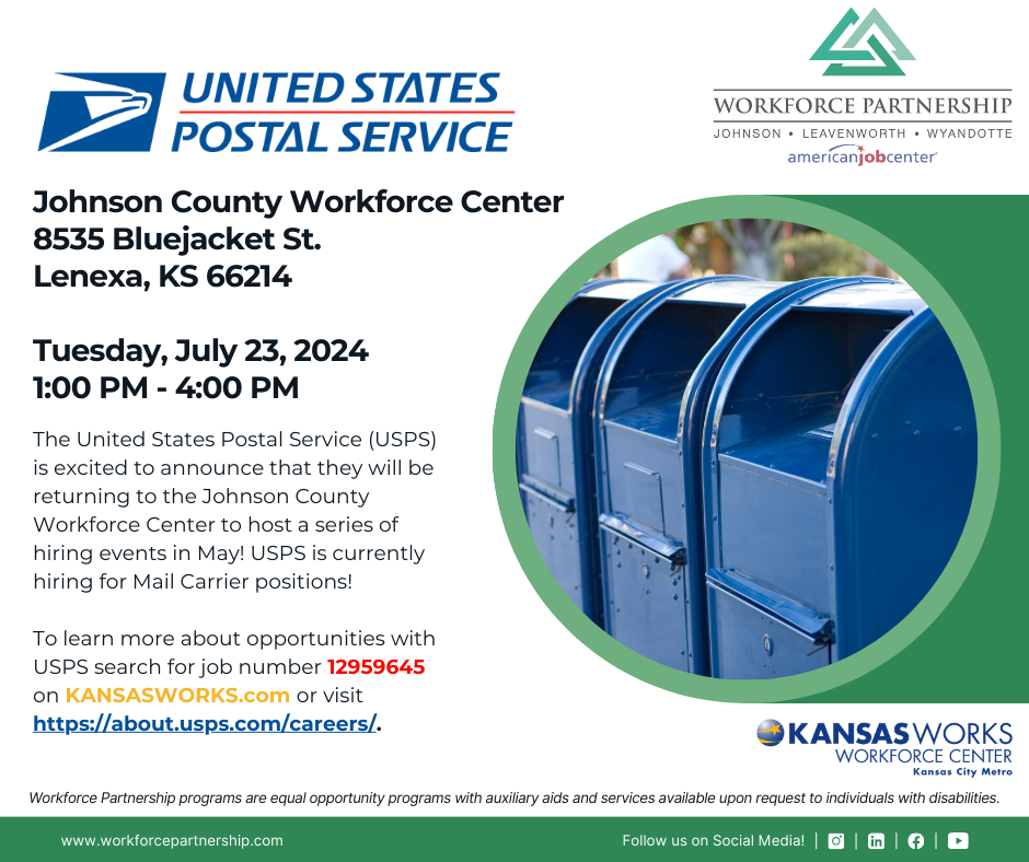 The United States Postal Service (USPS) hiring event at the Johnson County Workforce Center on Tuesday, July 23rd!