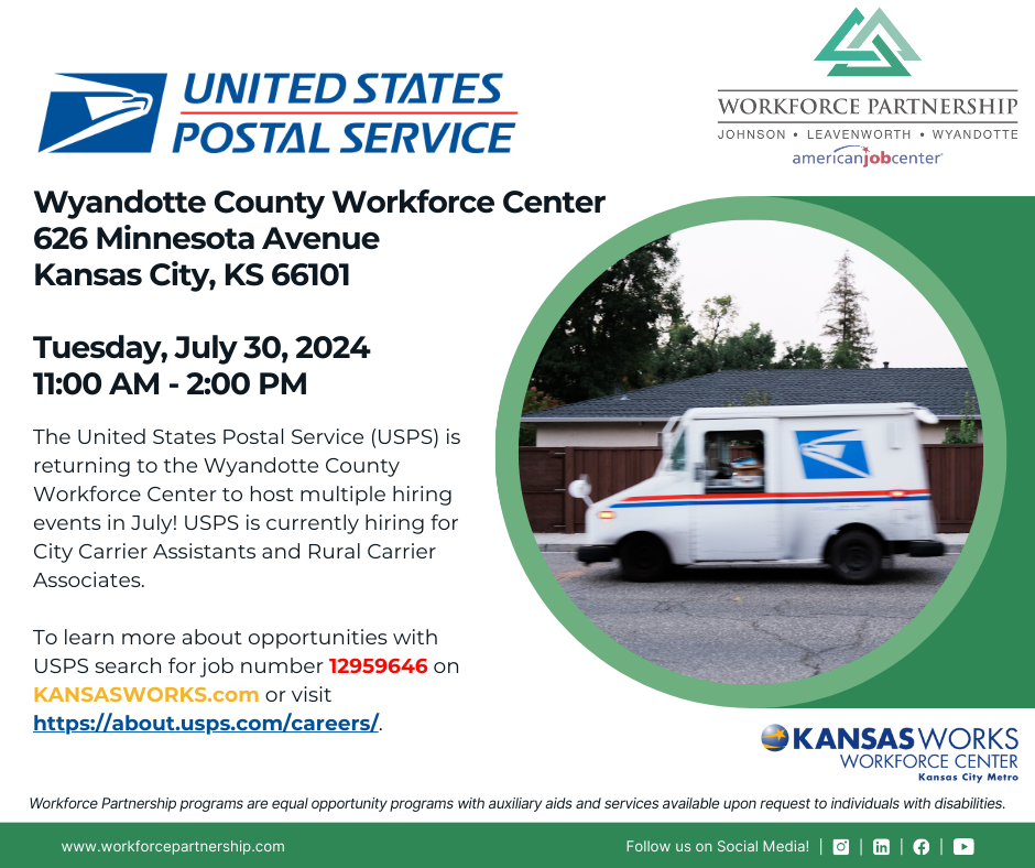 Join us for the United States Postal Service hiring event at the Wyandotte County Workforce Center on Tuesday, July 30th!