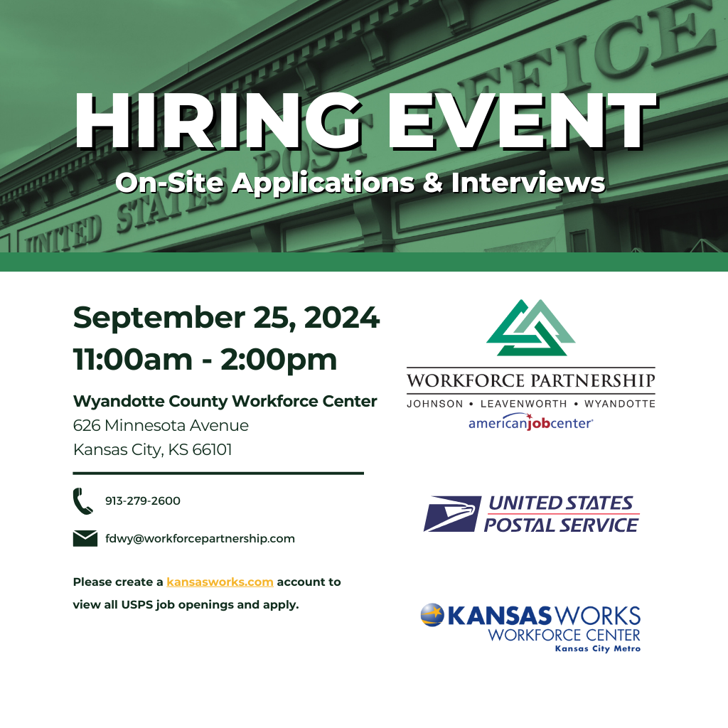 USPS hiring event at the Wyandotte County Workforce Center on September 25th!