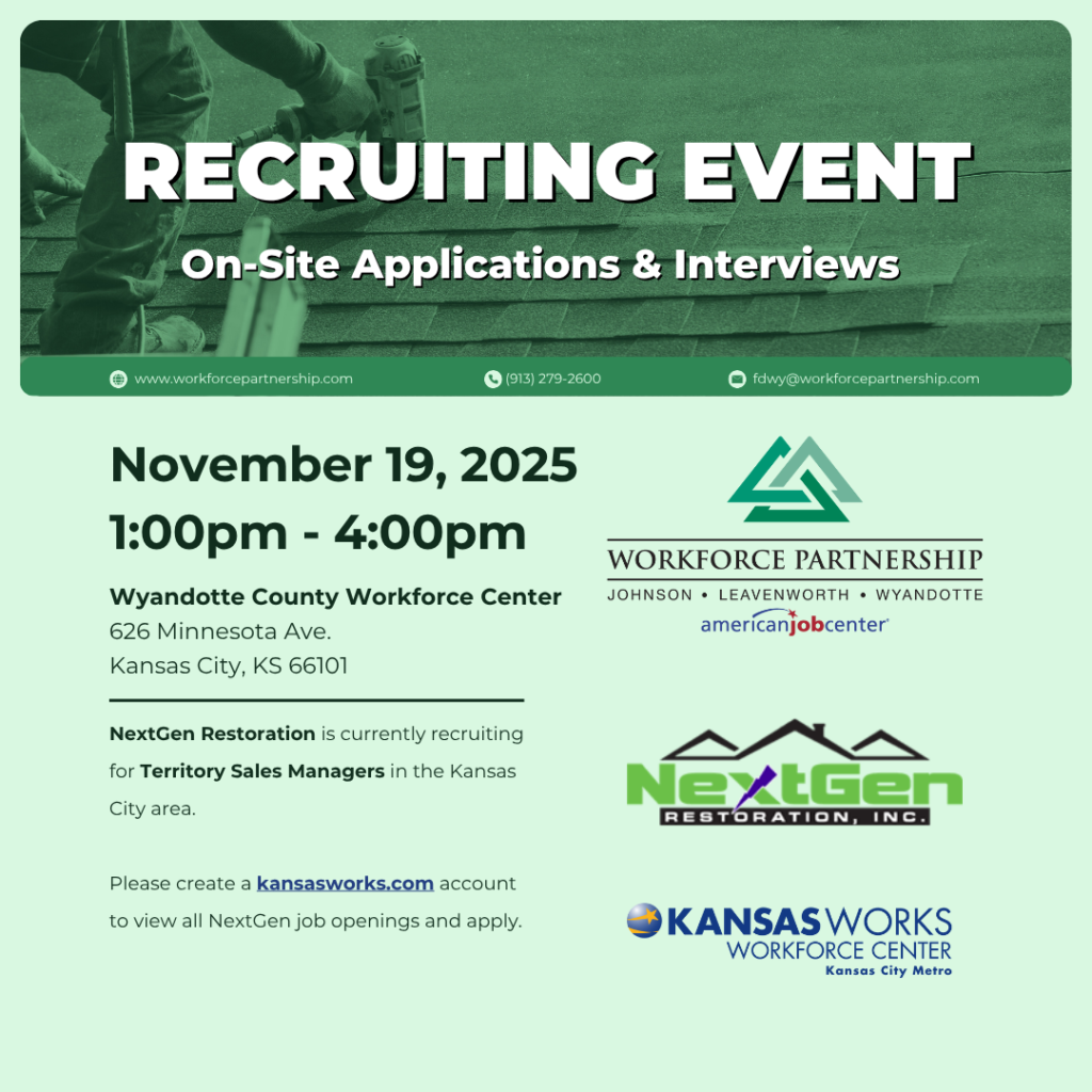 NextGen Restoration hiring event at the Wyandotte County Workforce Center on November 19th!