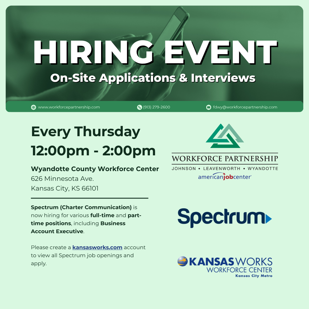Spectrum hiring event series at the Wyandotte County Workforce Center. Every Thursday in November!