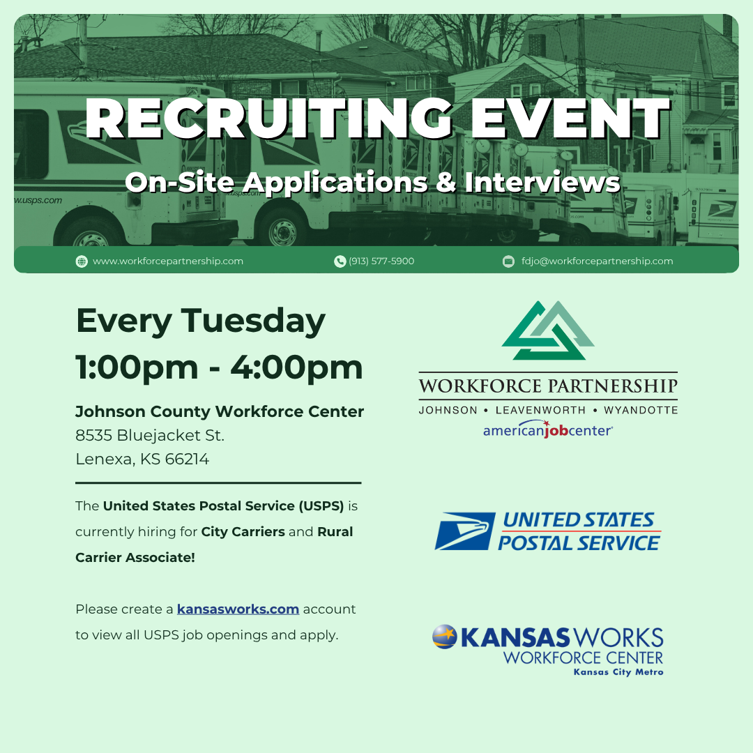 United States Postal Service (USPS) hiring event series at the Johnson County Workforce Center! Join us every Tuesday!