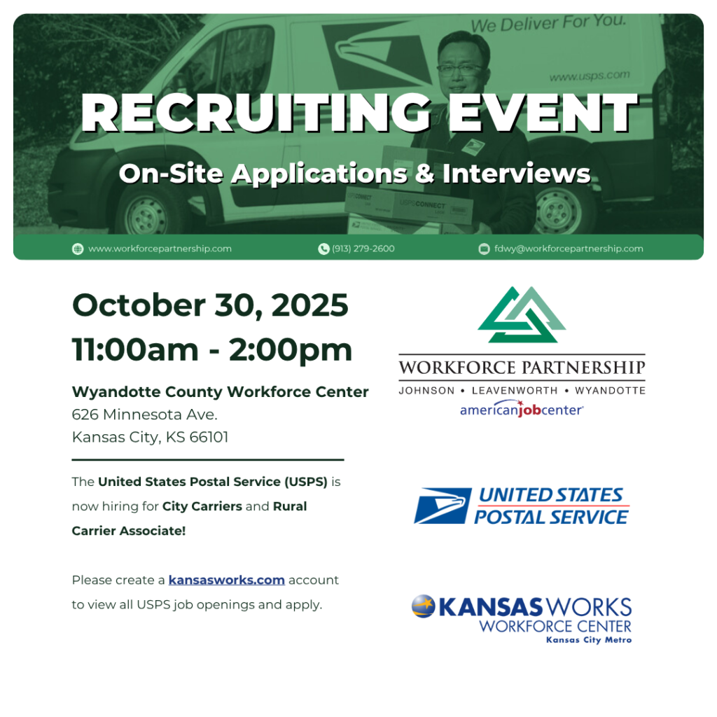 United States Postal Service hiring event on October 30th at the Wyandotte County Workforce Center