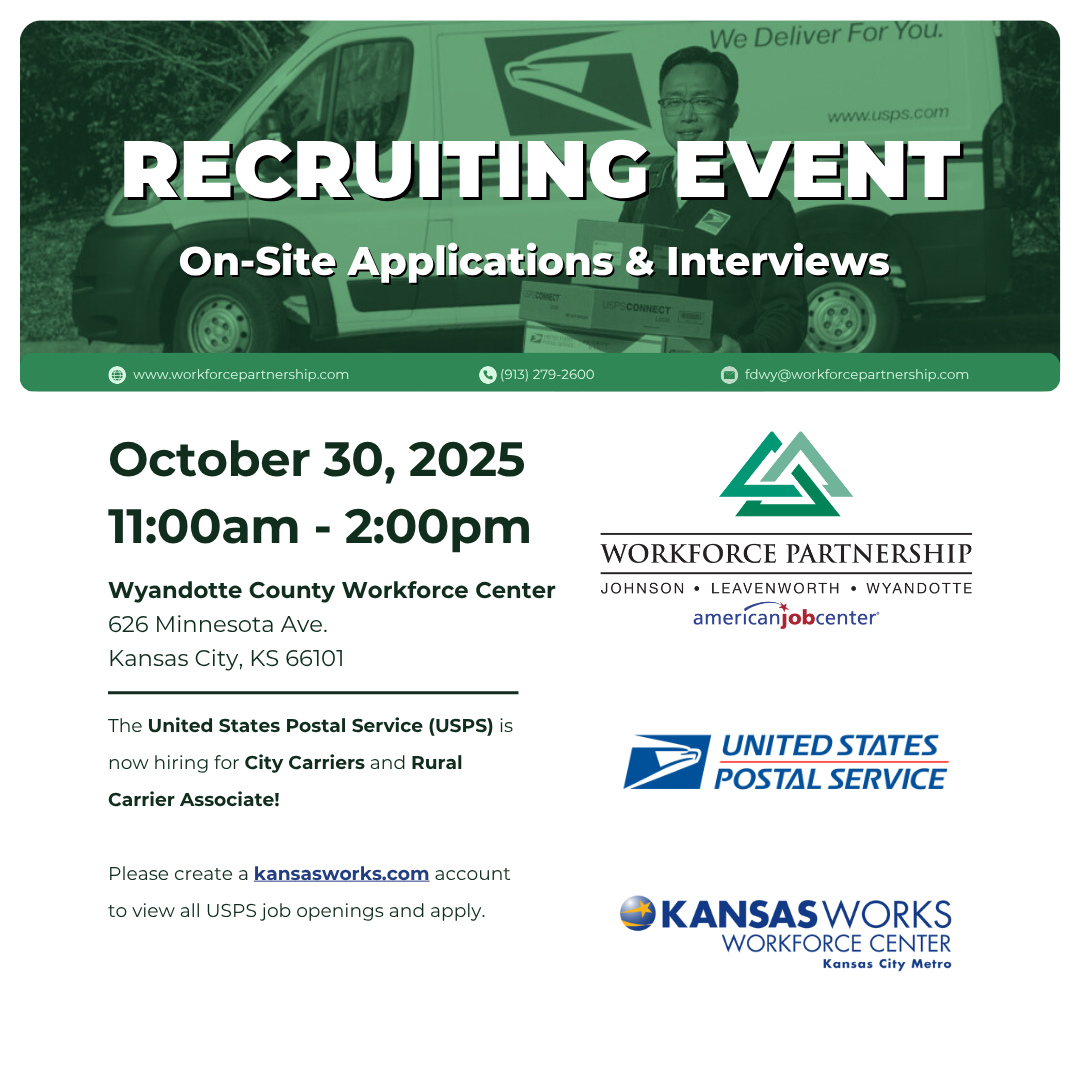 United States Postal Service hiring event on October 30th at the Wyandotte County Workforce Center