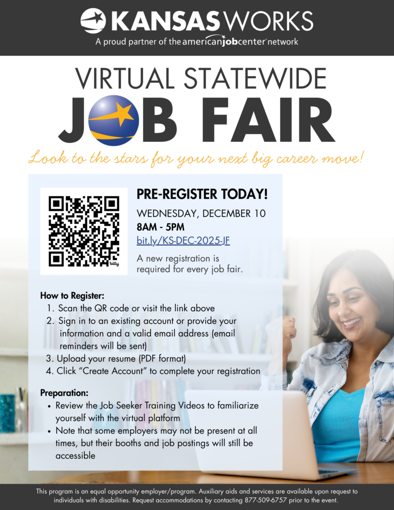 The Kansasworks Virtual Statewide Job Fair on Wednesday, December 10th!