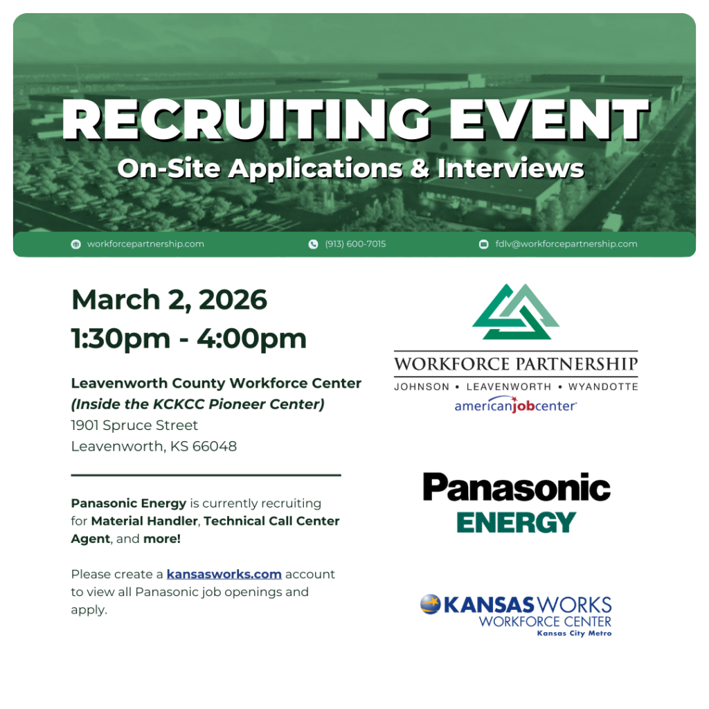 Panasonic Energy hiring event on Monday, March Second, at the Leavenworth County Workforce Center!