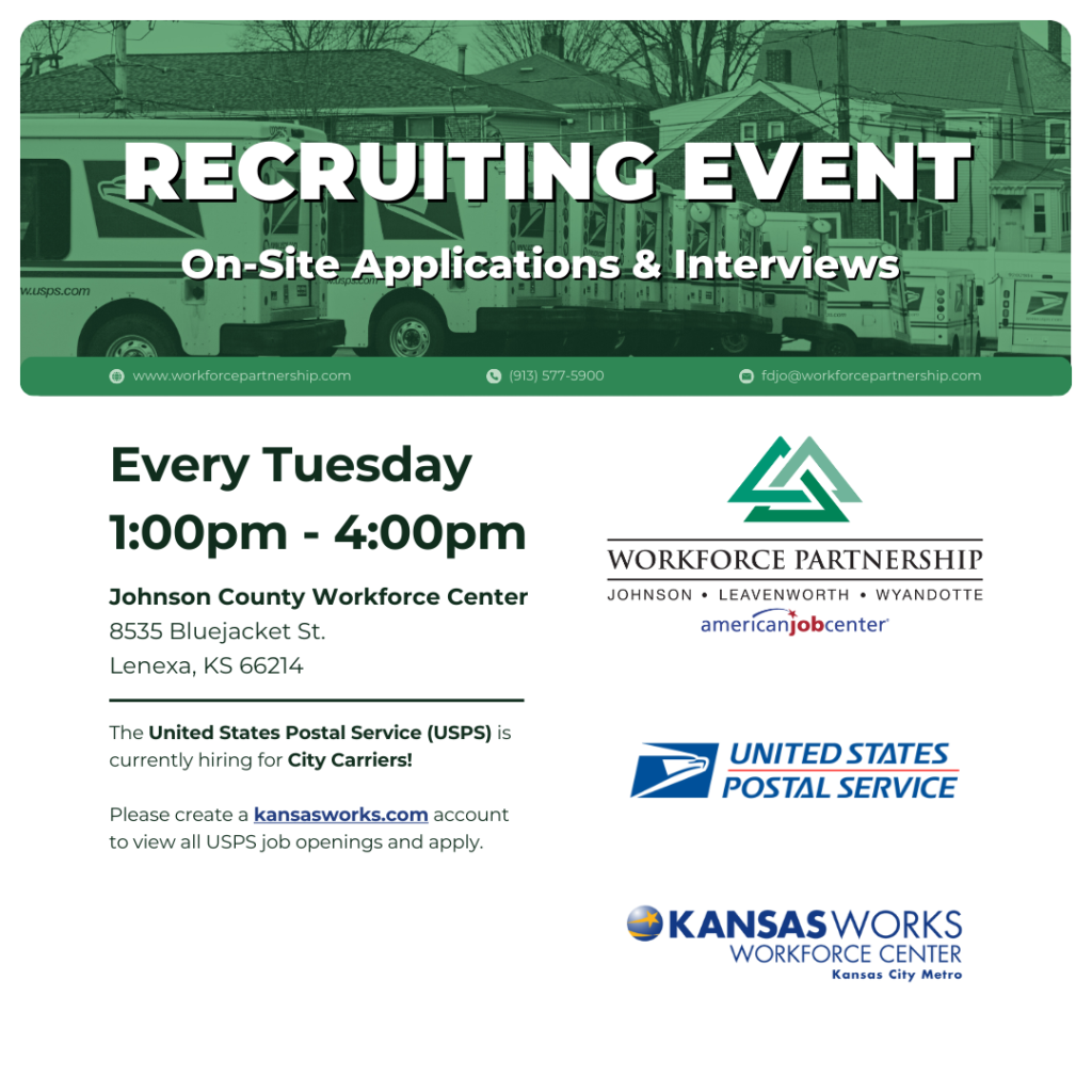 Join us for the United States Postal Service hiring event series in February at the Johnson County Workforce Center!