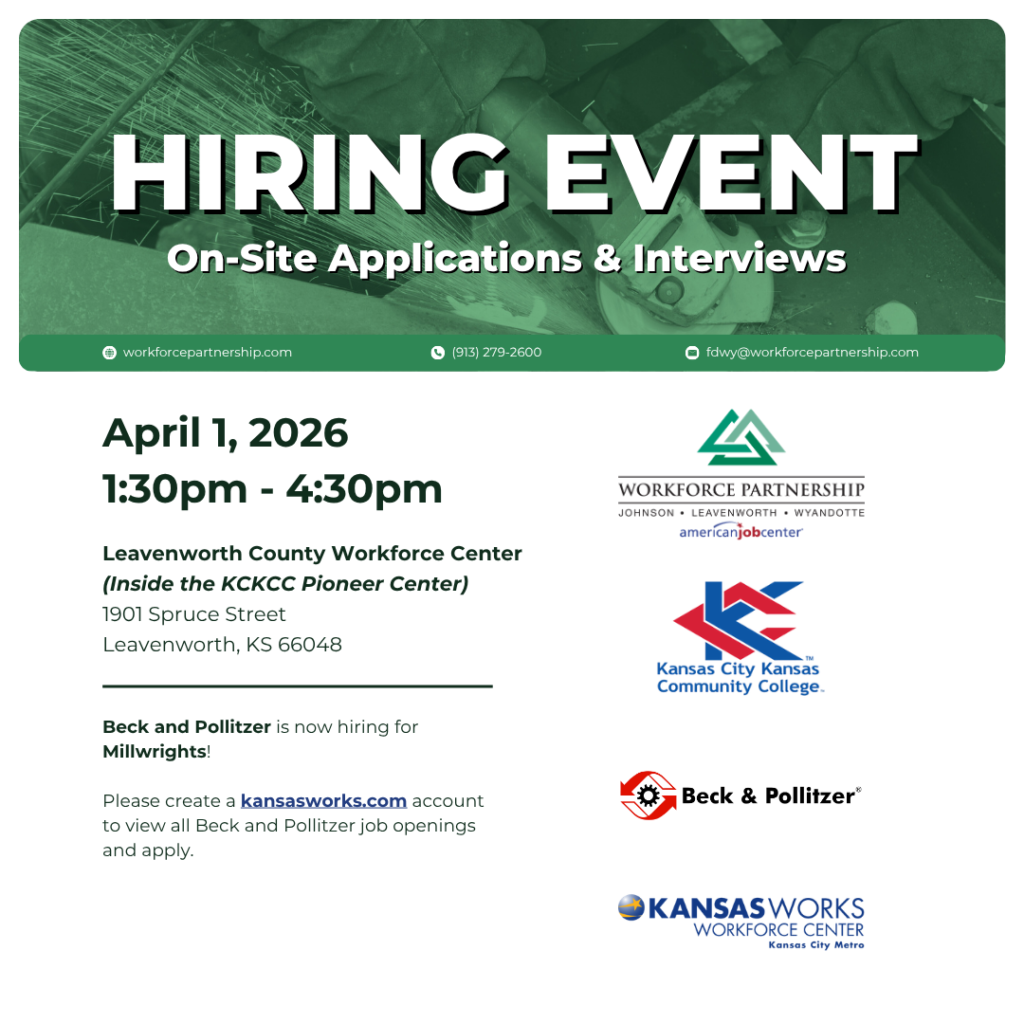 Beck & Pollizter hiring event at the Leavenworth County Workforce Center on Wednesday, April 1st!