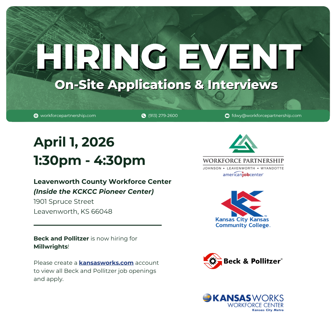 Beck & Pollizter hiring event at the Leavenworth County Workforce Center on Wednesday, April 1st!