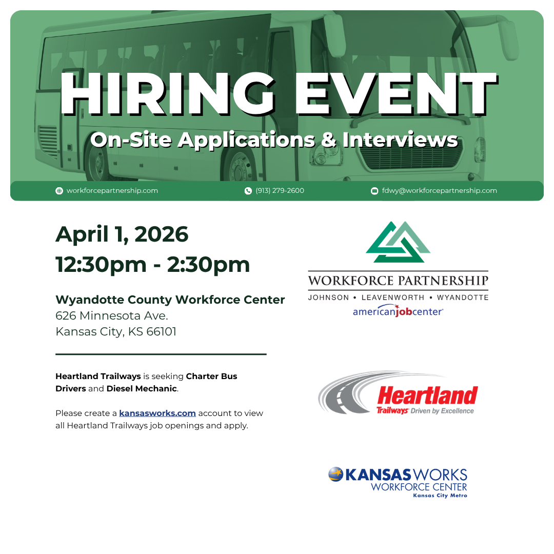 Heartland Trailways hiring event at the Wyandotte County Workforce Center on Wednesday, April 1st!