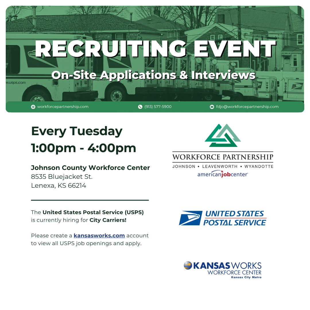United States Postal Service (USPS) recruiting events in April at the Johnson County Workforce Center!