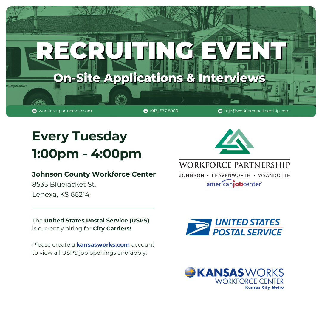 USPS recruiting events held every Tuesday in March at the Johnson County Workforce Center!