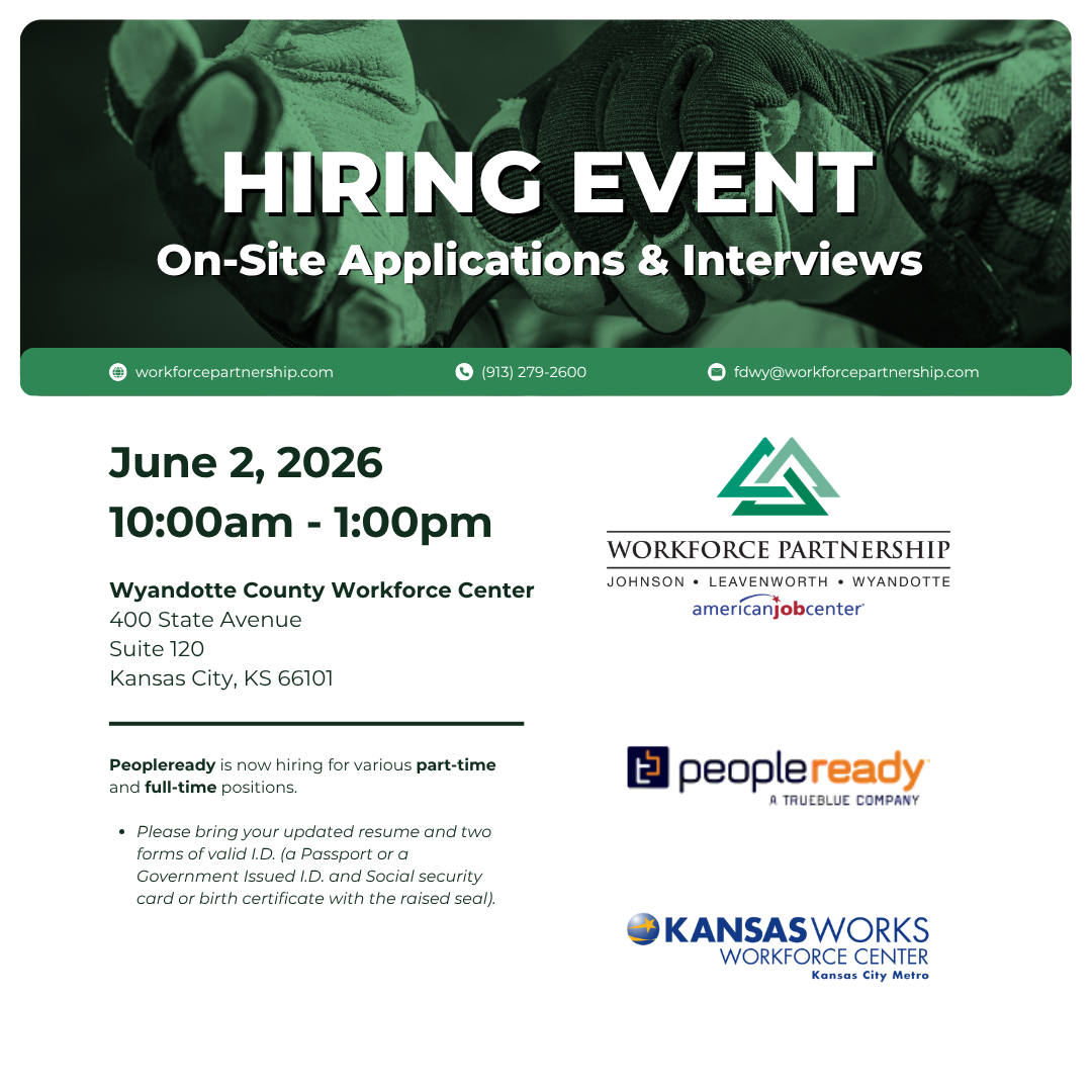 People Ready hiring event on Tuesday, June 2nd, at the Wyandotte County Workforce Center!