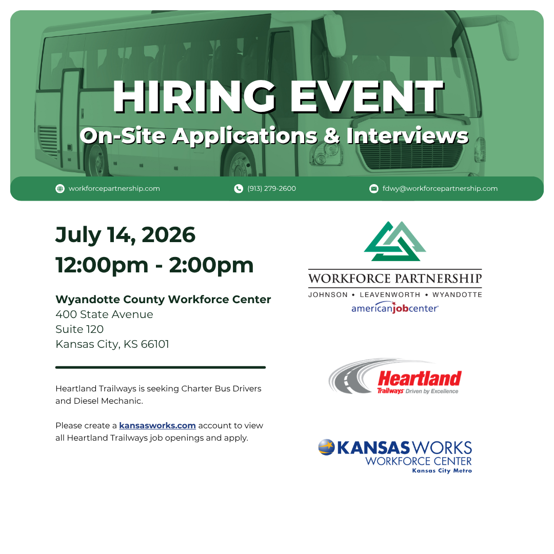 Heartland Trailways hiring event on Tuesday, July 14, at the Wyandotte County Workforce Center!