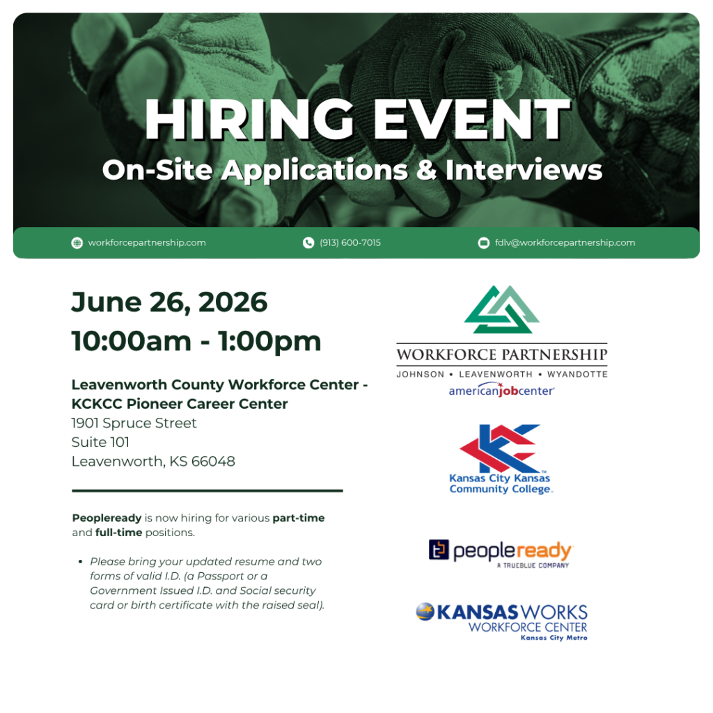 PeopleReady hiring event on Friday, June 26, at the Leavenworth County Workforce Center!