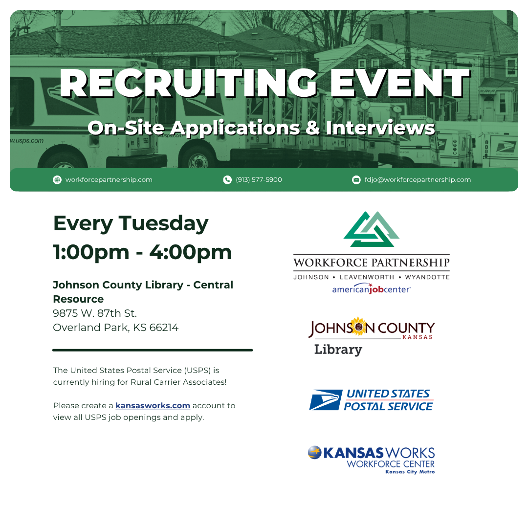 USPS hiring event series every Tuesday in July at the Johnson County Library - Central Resource!