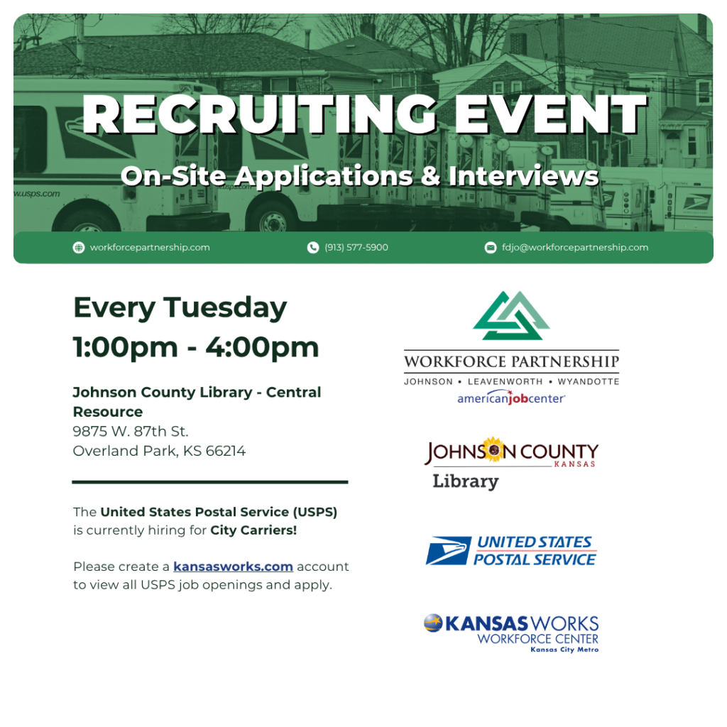 USPS hiring event series every Tuesday in June at the Johnson County Library - Central Resource!