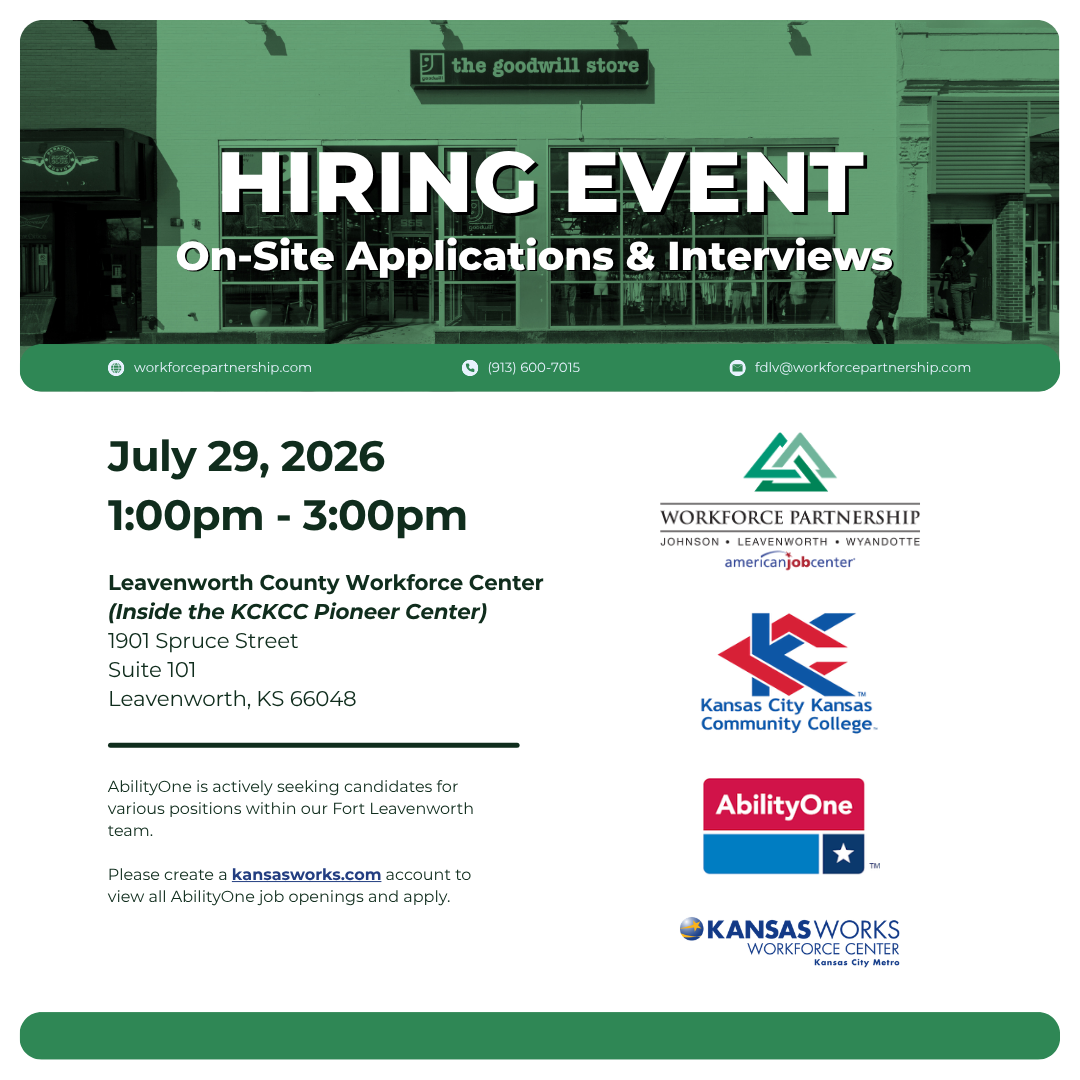 AbilityOne hiring event on Wednesday, July 29, at the Leavenworth County Workforce Center!