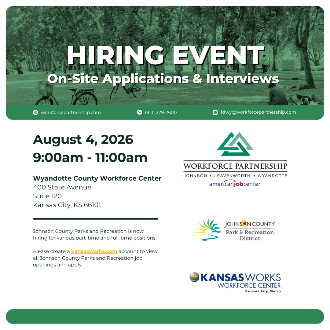 Johnson County Parks and Recreation hiring event on Tuesday, August 4!