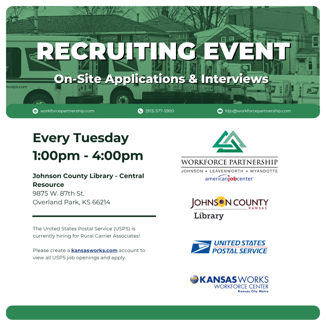 The United States Postal Service (USPS) hiring event series in August at the Johnson County Library!
