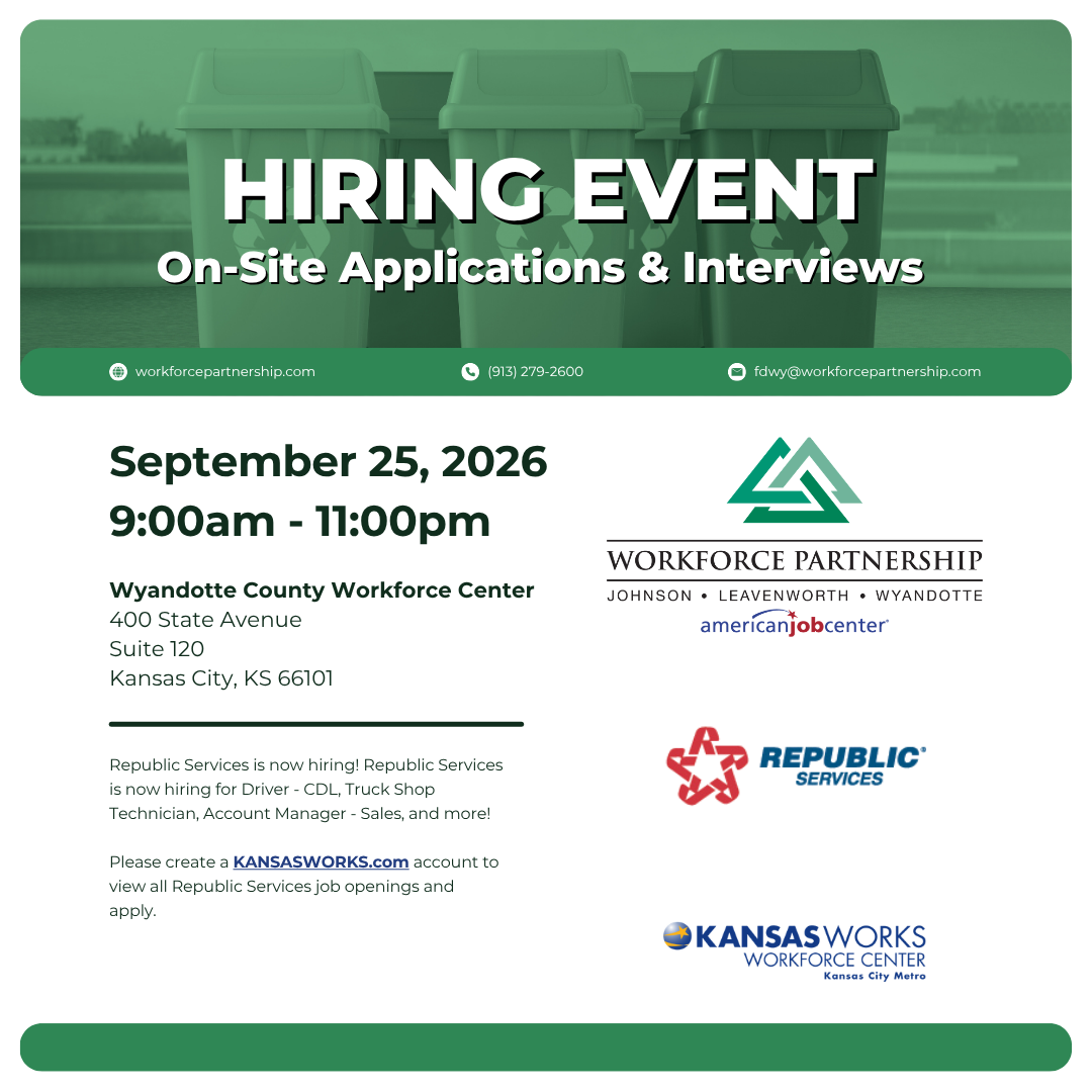 Republic Services is holding a hiring event on Friday, September 25, at the Wyandotte County Workforce Center!