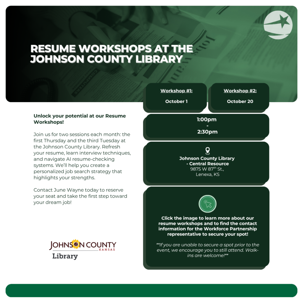 Resume Workshop at the Johnson County Library - Central Resource location on October 1 and October 20!