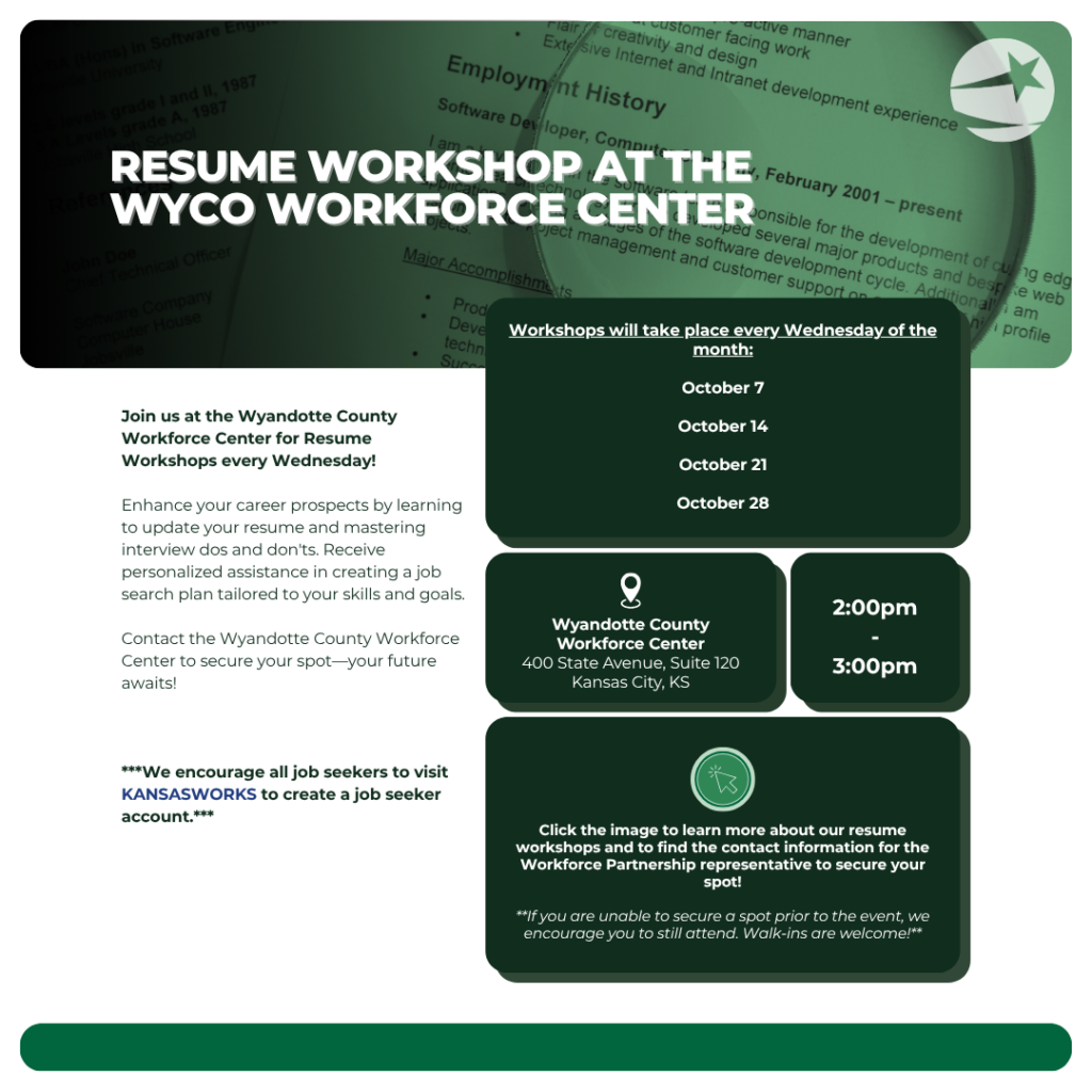 Resume Workshop at the Wyandotte County Workforce Center throughout October!