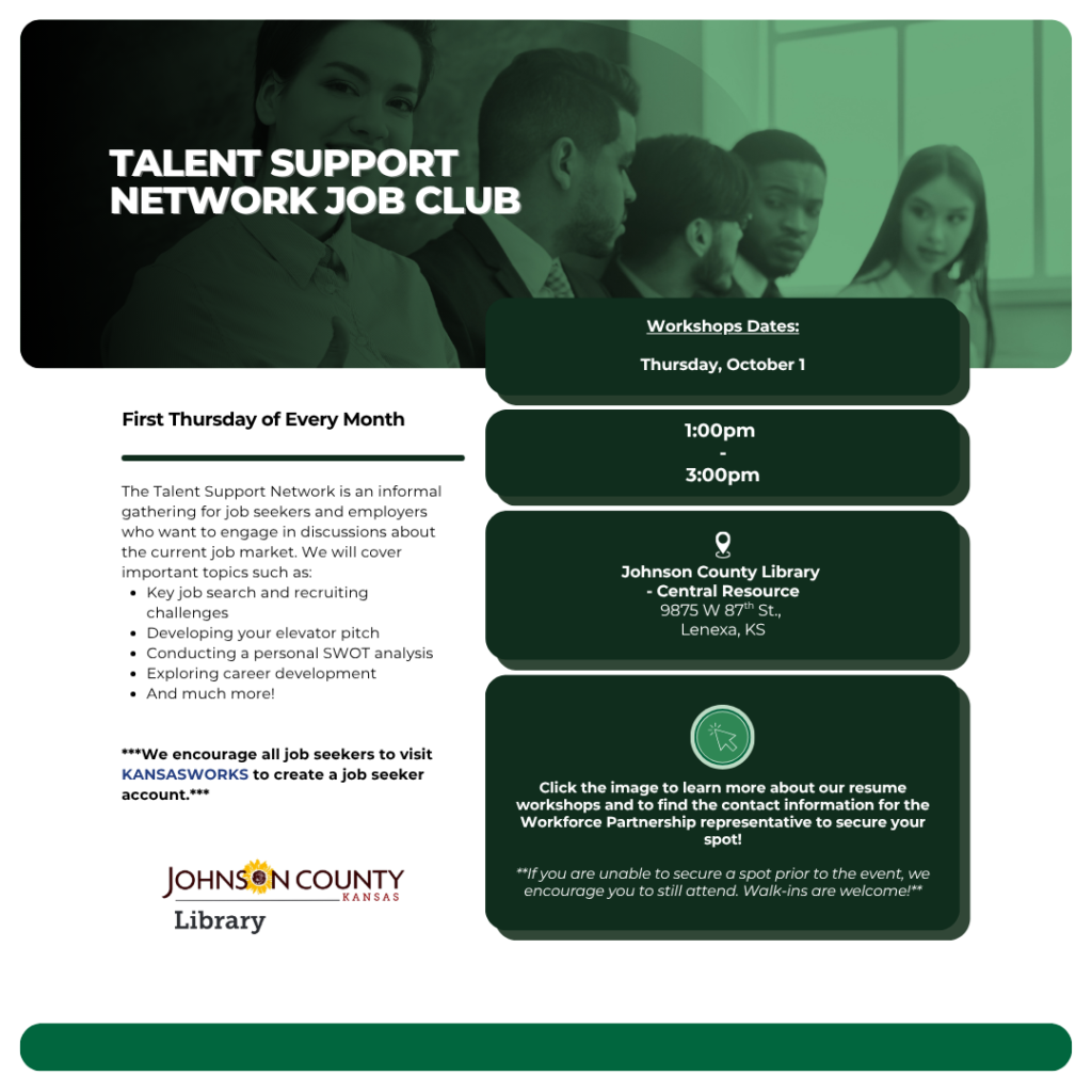 Talent Support Network Job Club event at the Johnson County Library - Central Resource location on October 1!