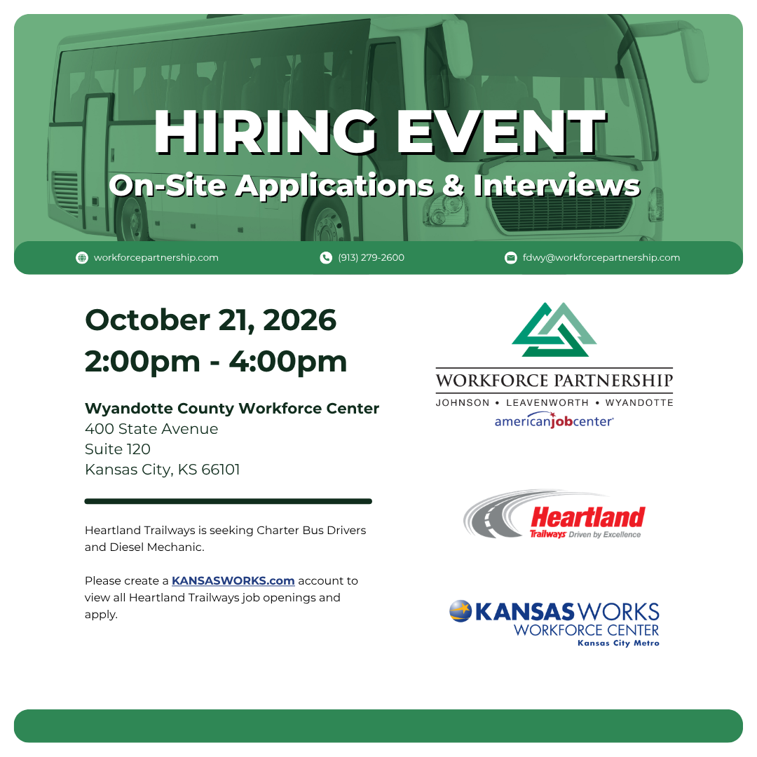 Heartland Trailways hiring event at the Wyandotte County Workforce Center on Wednesday, October 21!