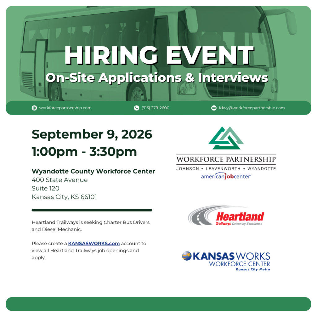 Heartland Trailways is hosting a hiring event on Wednesday, September 9, at the Wyandotte County Workforce Center!