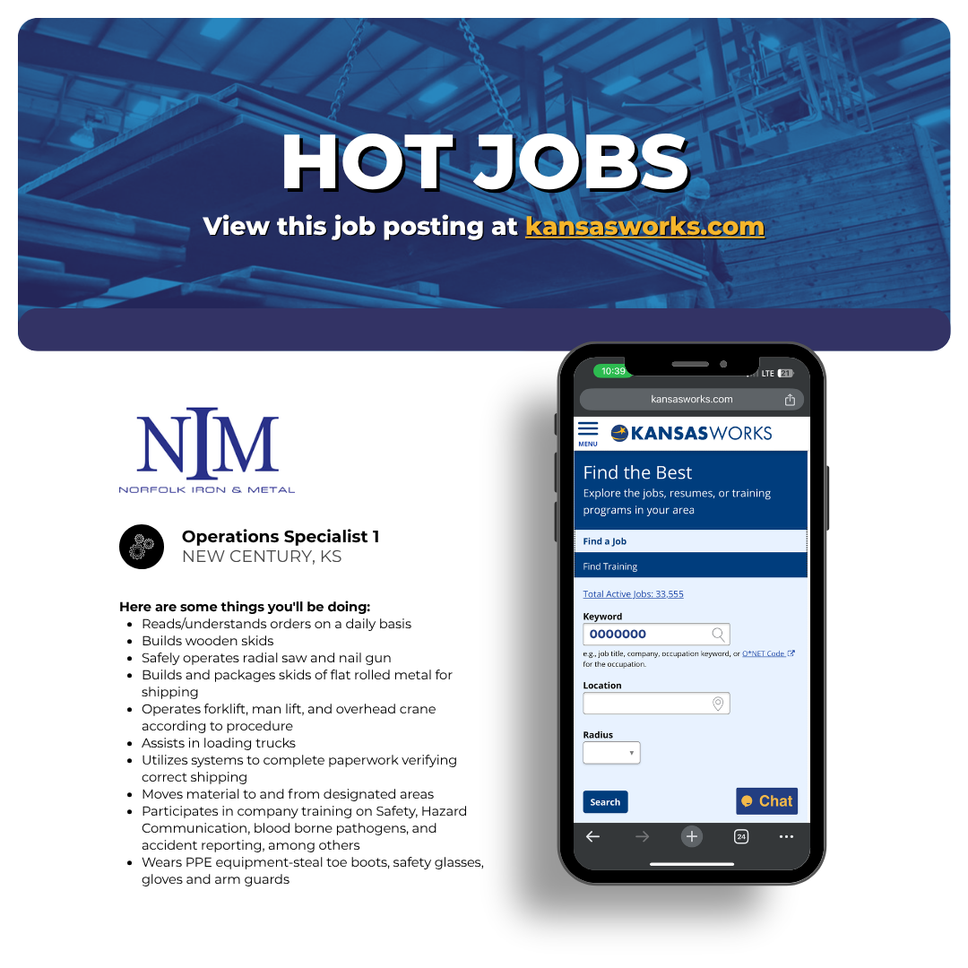 Norfolk Iron & Metal is hosting a hiring event on Wednesday, October 7, at 201 Leadwood Drive, New Century, KS!