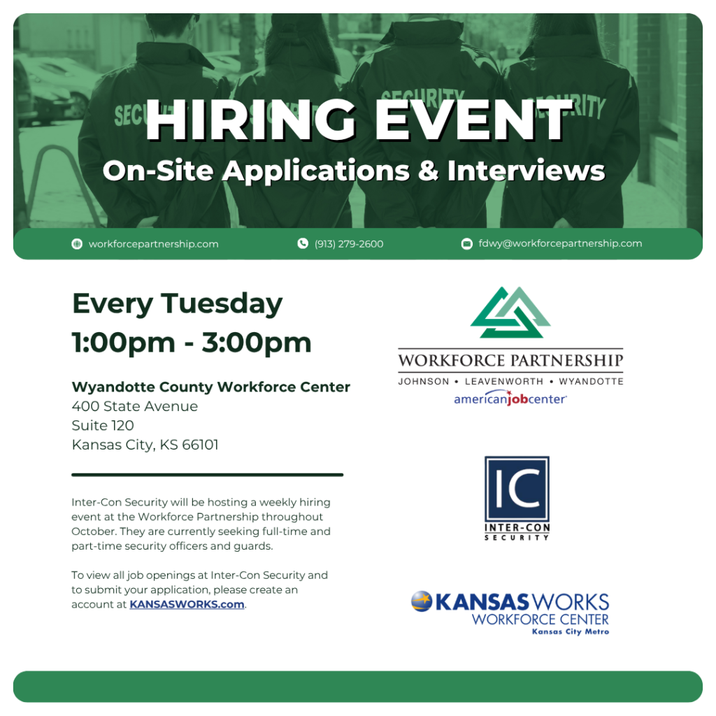 Inter-Con Security is holding a weekly hiring event at the Wyandotte County Workforce Center throughout the month of October!